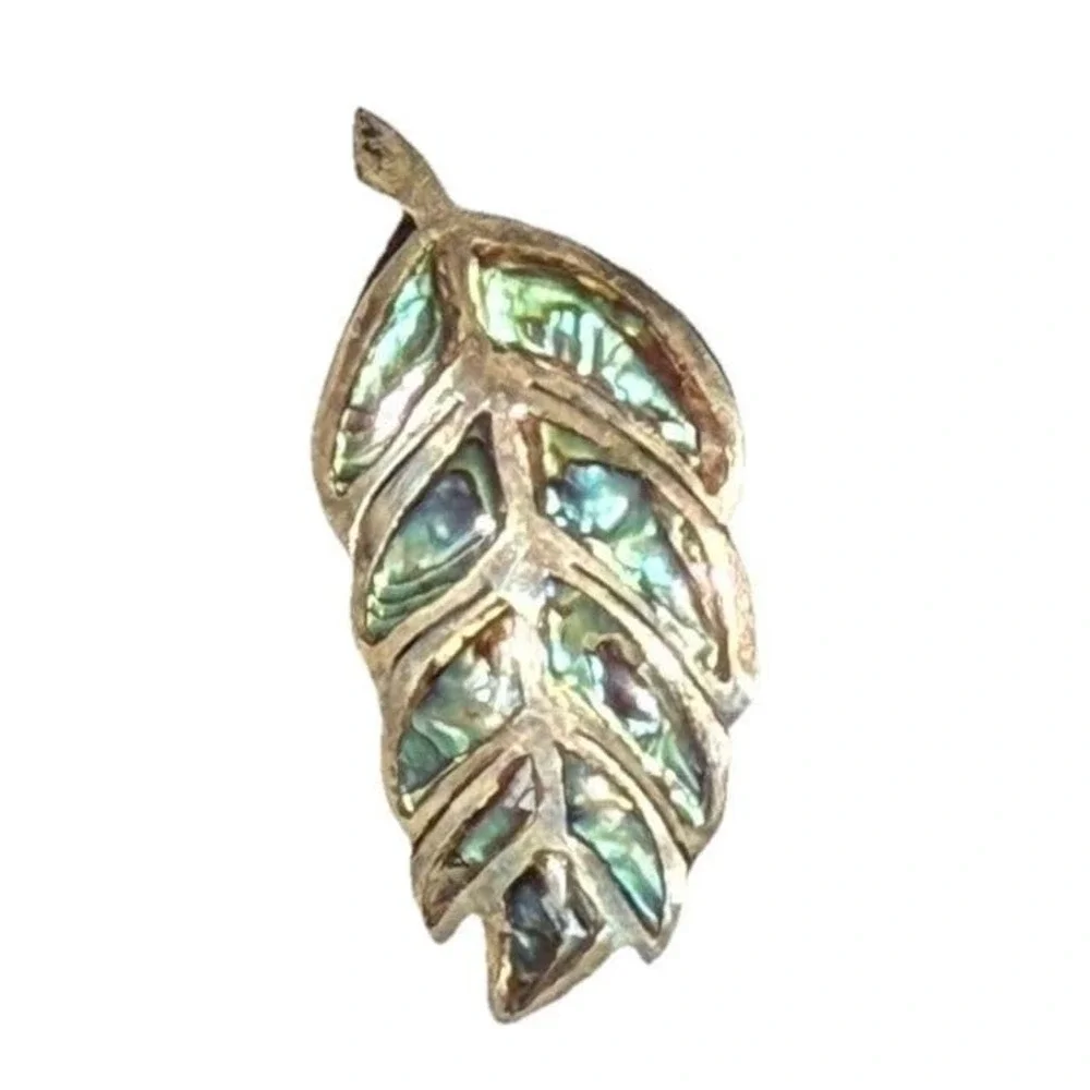 Vintage Taxco Leaf Brooch Pin 925 Abalone Shell Inlay (read description)